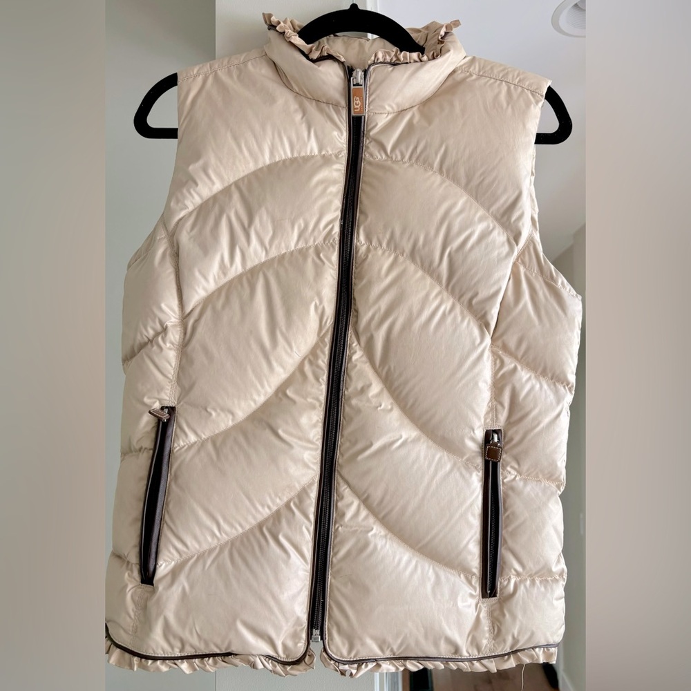 UGG Down Vest. Cream color with leather piping detail.